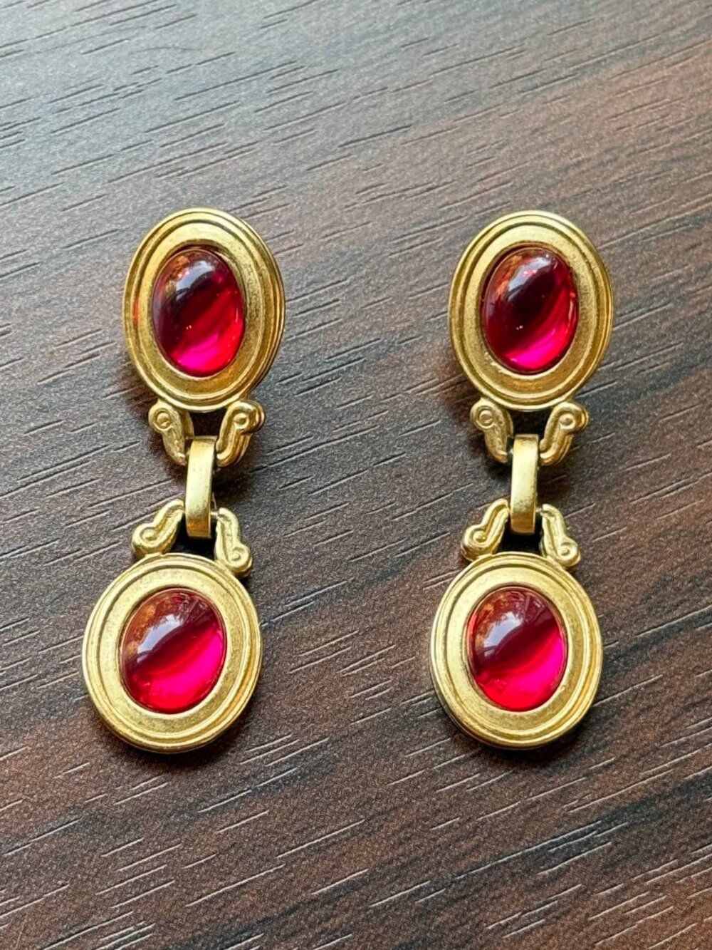 Vintage Monet for YSL Red Resin Drop Earrings in Gold Tone Rare